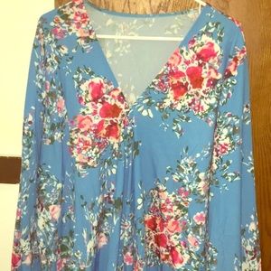 Floral Top-Sky Blue with Hot Pink Flowers 2XL